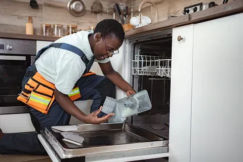 Appliance repair expert removing a mesh filter to troubleshoot a dishwasher not cleaning dishes properly.